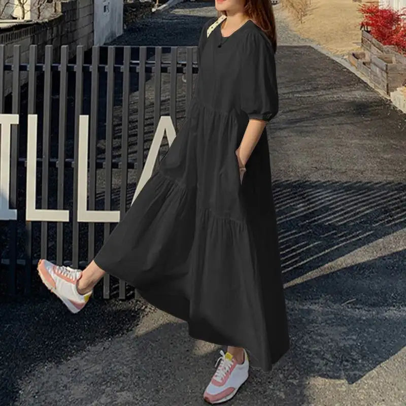 Summer Tiered Dress - Casual Loose Fit with Puff Sleeves