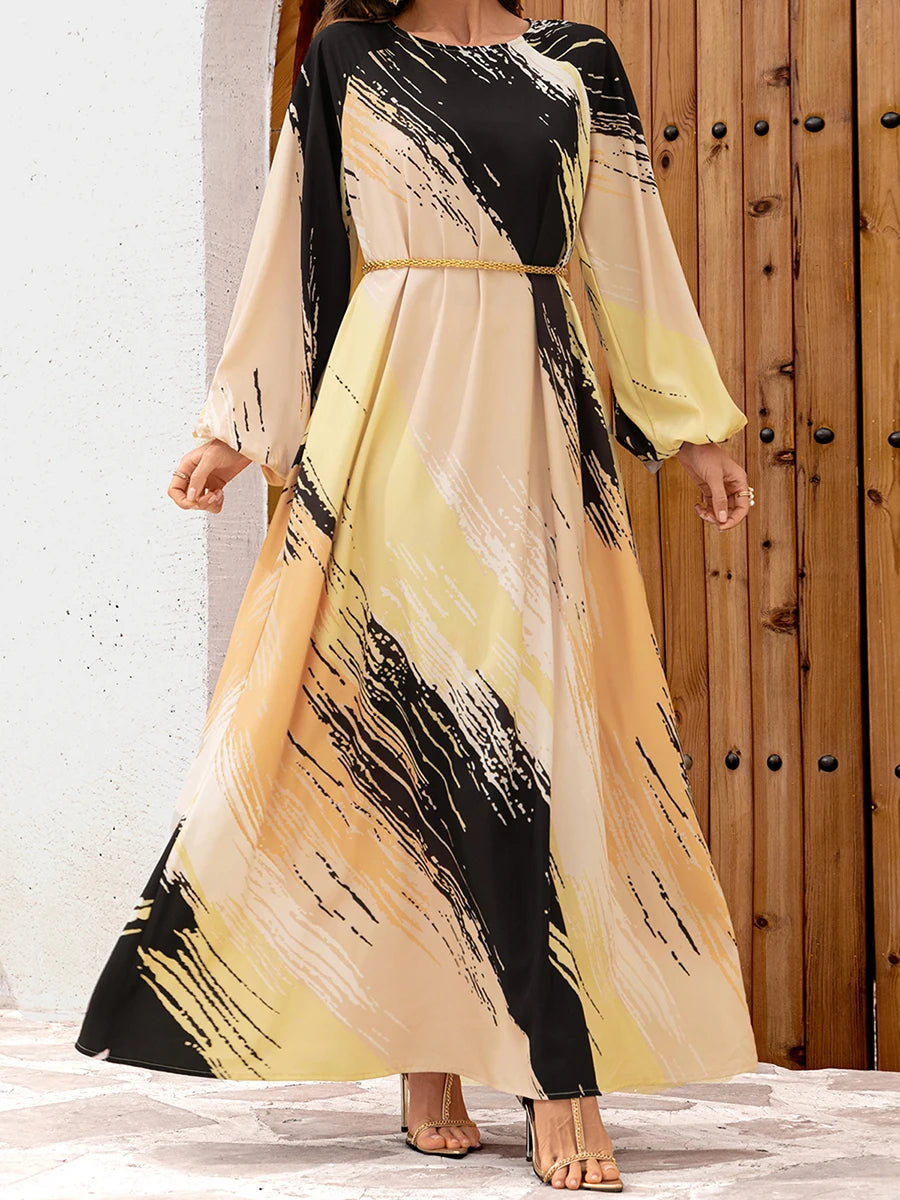 Chic Abstract Print Maxi Dress - Long Sleeve, Loose Fit with Belt