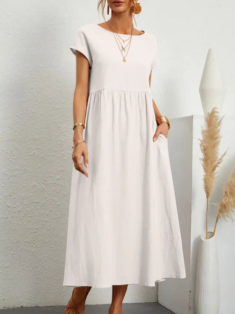 Summer Linen Cotton Dress - Vintage Loose Fit, Casual O-neck Dress