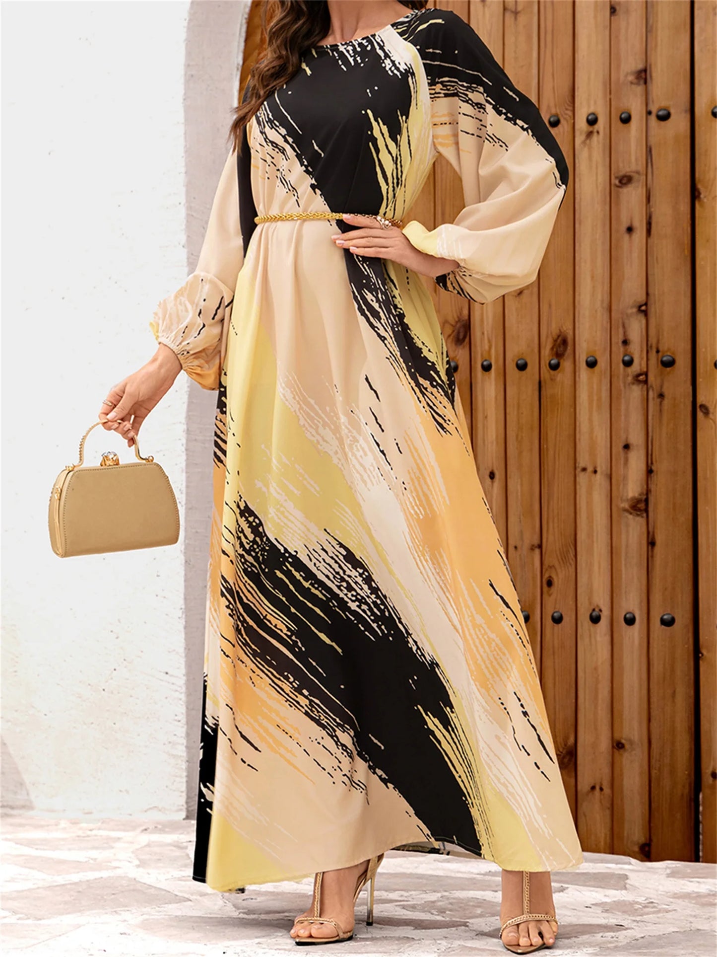 Chic Abstract Print Maxi Dress - Long Sleeve, Loose Fit with Belt