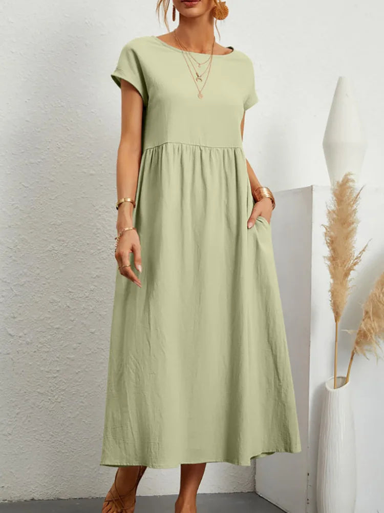 Summer Linen Cotton Dress - Vintage Loose Fit, Casual O-neck Dress