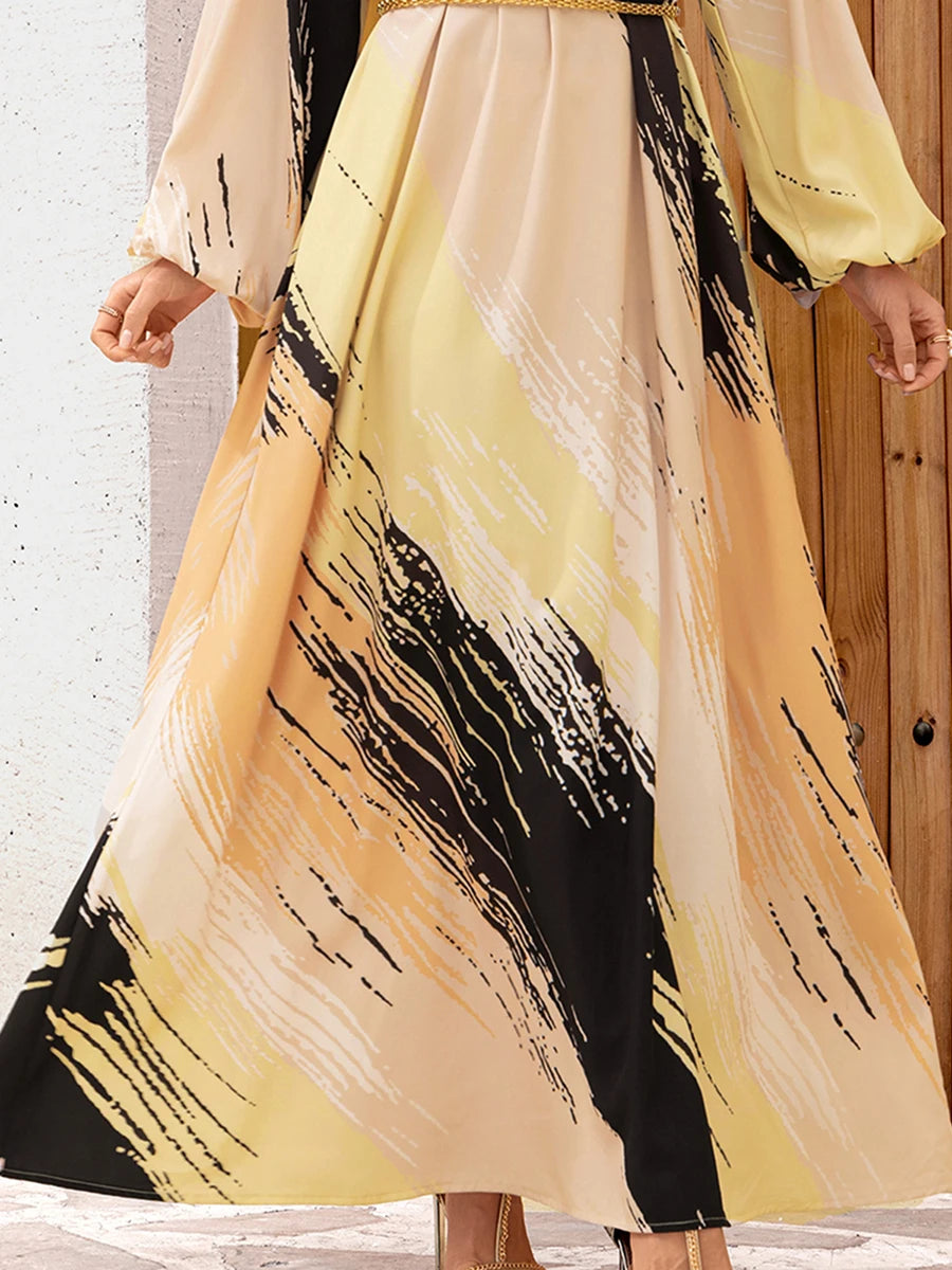 Chic Abstract Print Maxi Dress - Long Sleeve, Loose Fit with Belt
