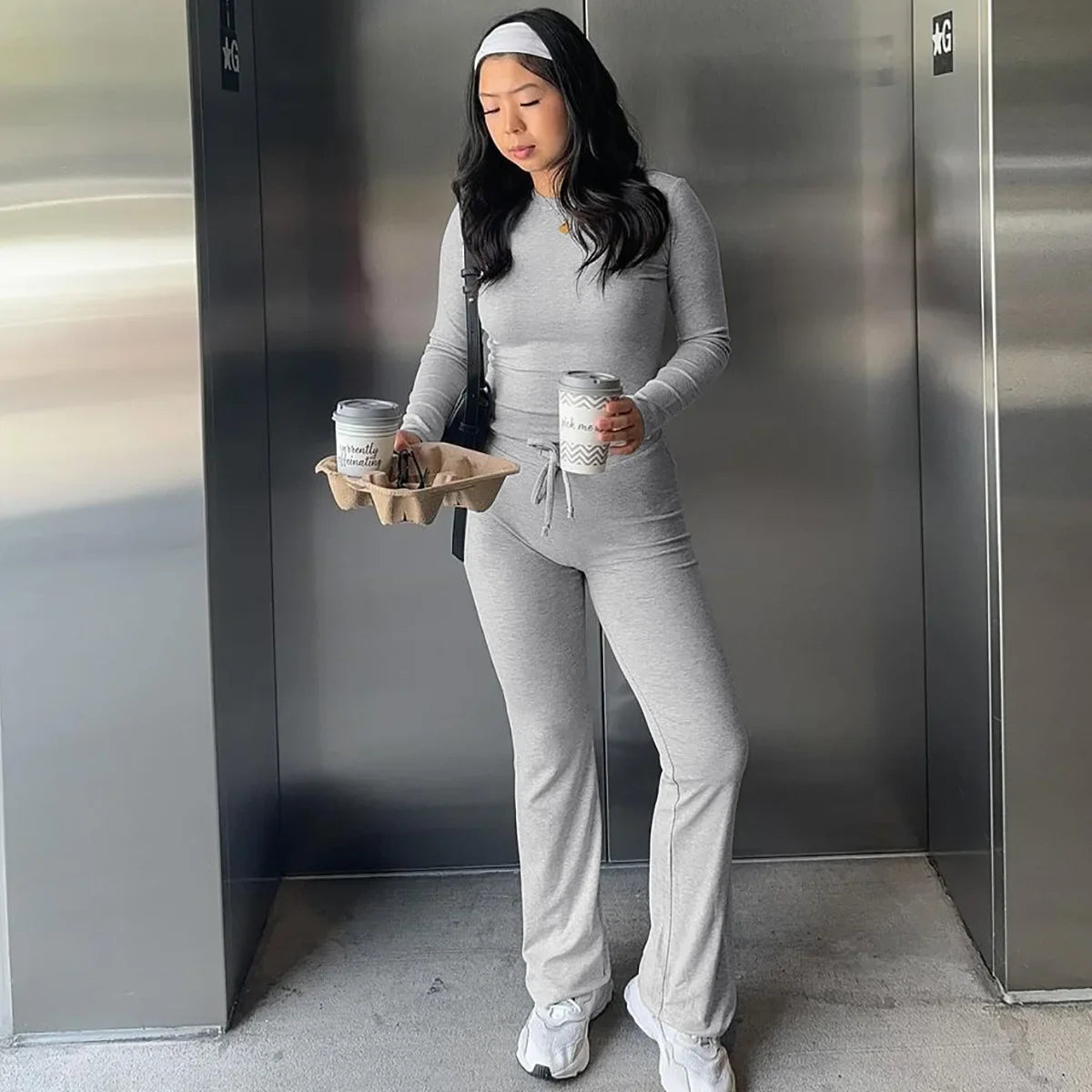 Chic 2-Piece Casual Set - Long Sleeve Crop Top & Drawstring Flare Pants