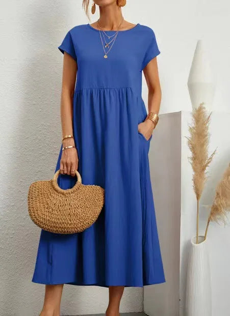 Summer Linen Cotton Dress - Vintage Loose Fit, Casual O-neck Dress