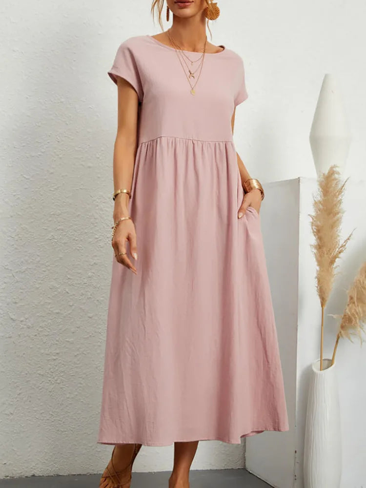 Summer Linen Cotton Dress - Vintage Loose Fit, Casual O-neck Dress