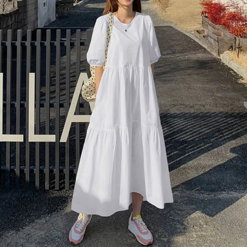 Summer Tiered Dress - Casual Loose Fit with Puff Sleeves