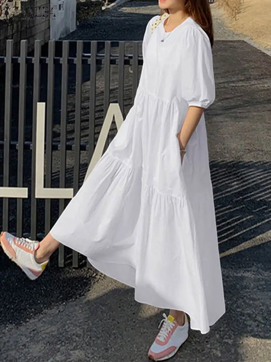 Summer Tiered Dress - Casual Loose Fit with Puff Sleeves