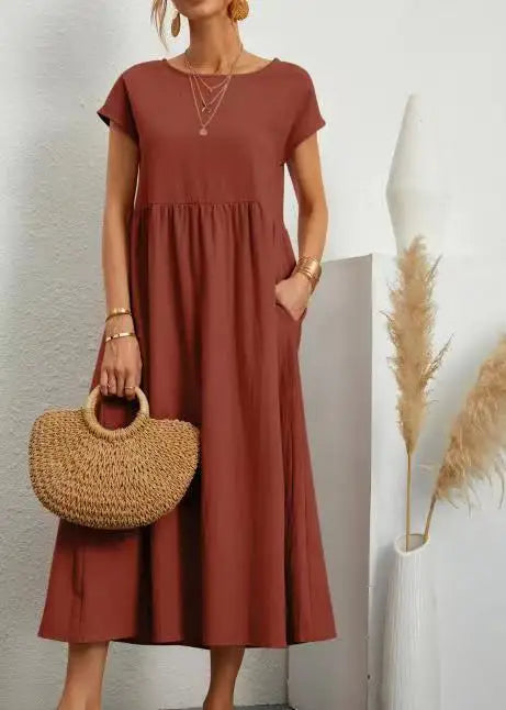 Summer Linen Cotton Dress - Vintage Loose Fit, Casual O-neck Dress