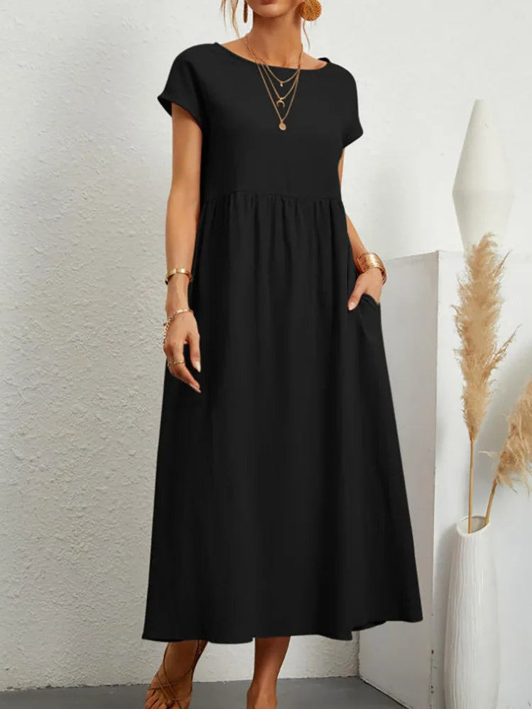 Summer Linen Cotton Dress - Vintage Loose Fit, Casual O-neck Dress