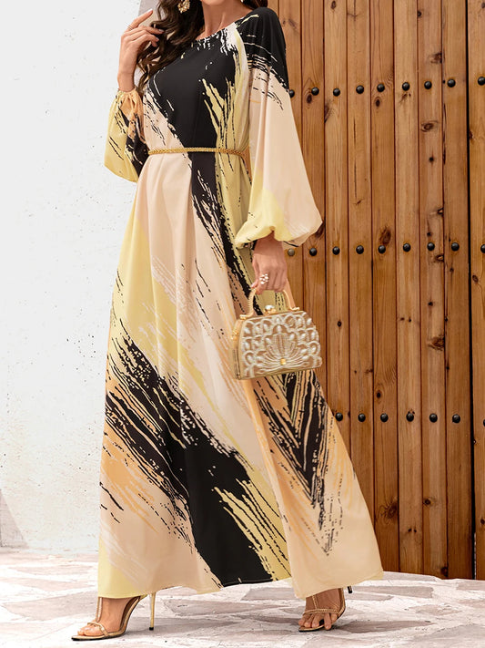 Chic Abstract Print Maxi Dress - Long Sleeve, Loose Fit with Belt