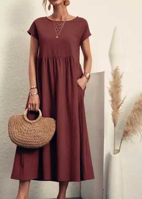 Summer Linen Cotton Dress - Vintage Loose Fit, Casual O-neck Dress