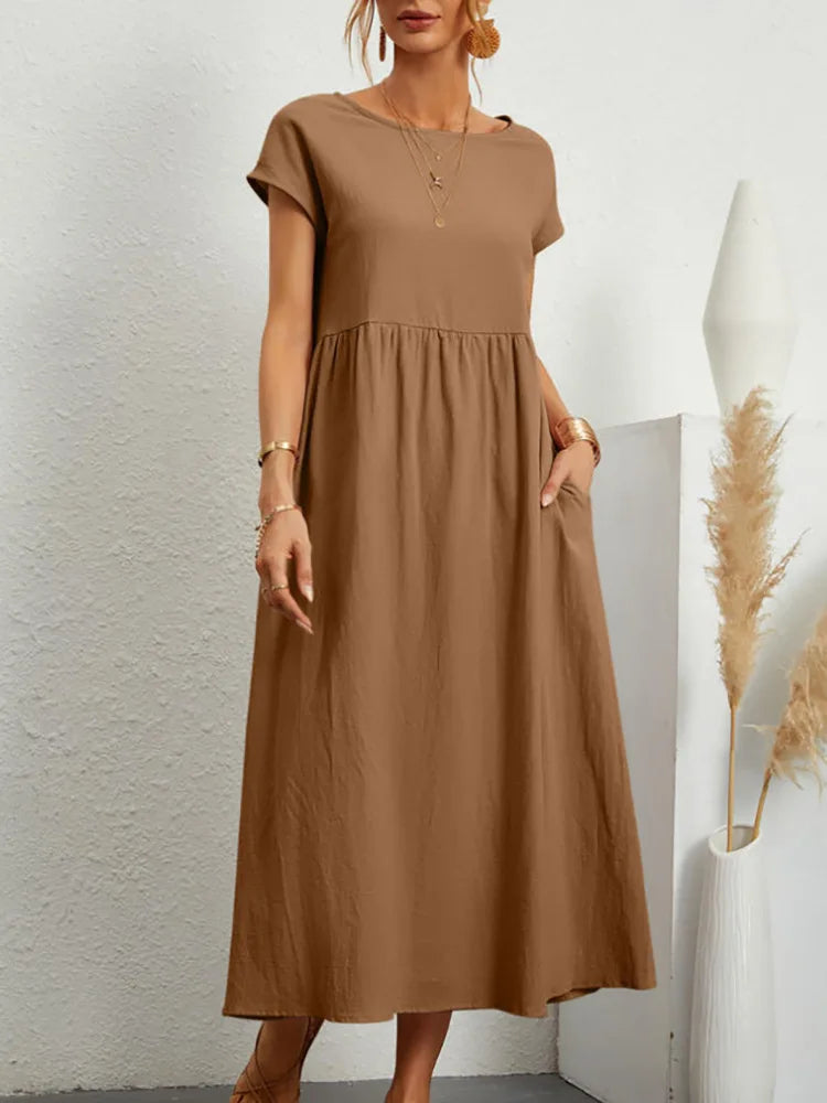 Summer Linen Cotton Dress - Vintage Loose Fit, Casual O-neck Dress