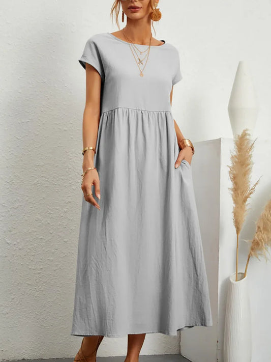 Summer Linen Cotton Dress - Vintage Loose Fit, Casual O-neck Dress