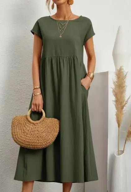 Summer Linen Cotton Dress - Vintage Loose Fit, Casual O-neck Dress