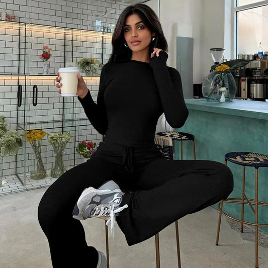 Chic 2-Piece Casual Set - Long Sleeve Crop Top & Drawstring Flare Pants