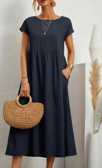 Summer Linen Cotton Dress - Vintage Loose Fit, Casual O-neck Dress