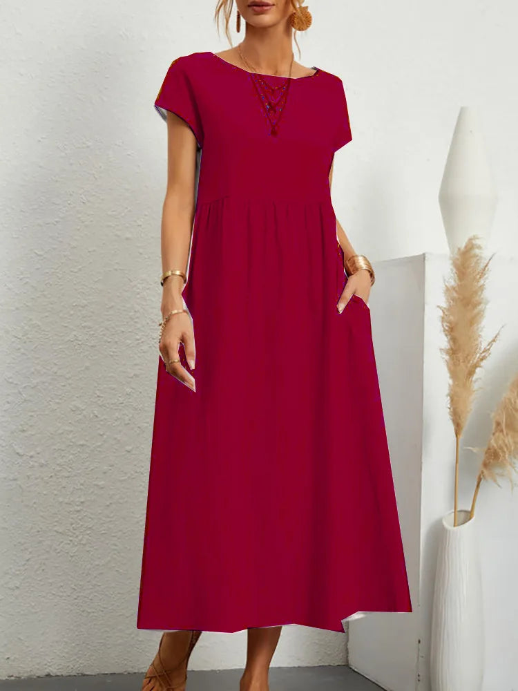 Summer Linen Cotton Dress - Vintage Loose Fit, Casual O-neck Dress