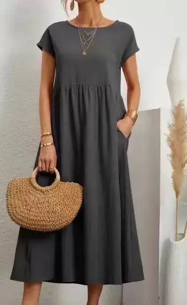 Summer Linen Cotton Dress - Vintage Loose Fit, Casual O-neck Dress